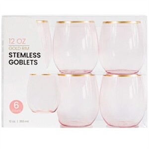 12oz Stemless Goblets Pink Gold Rim, 6 Pk