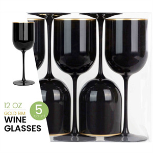 Wine Glasses Black Gold Rim, 5 Ct